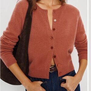 Womens Button-Front Crewneck Sweater Cardigan - Rust